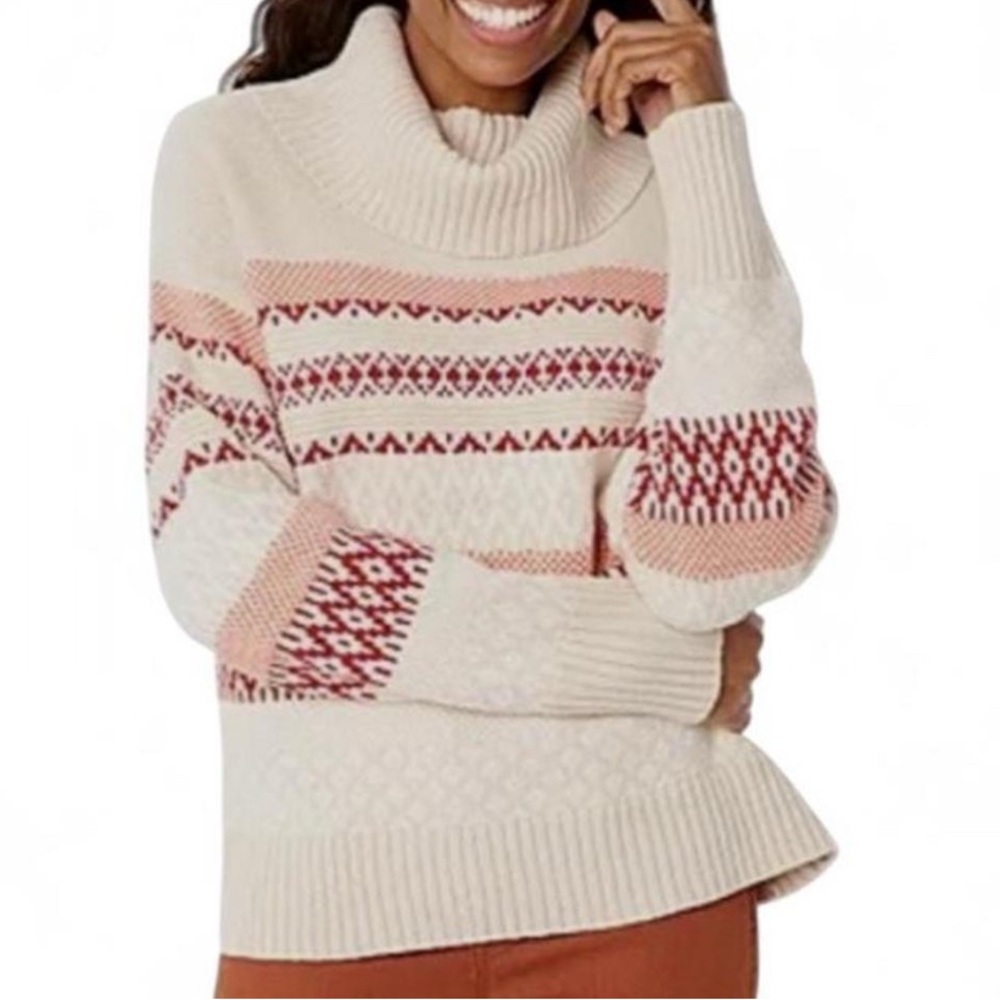 FRYE AND CO. Cream and Red Cowl Neck Sweater